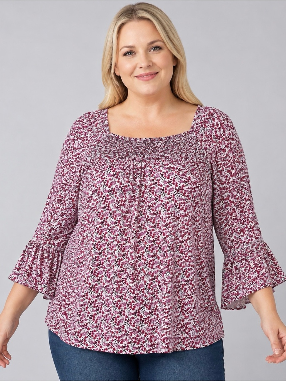 Blouse Terra & Sky Floral Smocked Square-Neck size 14W
